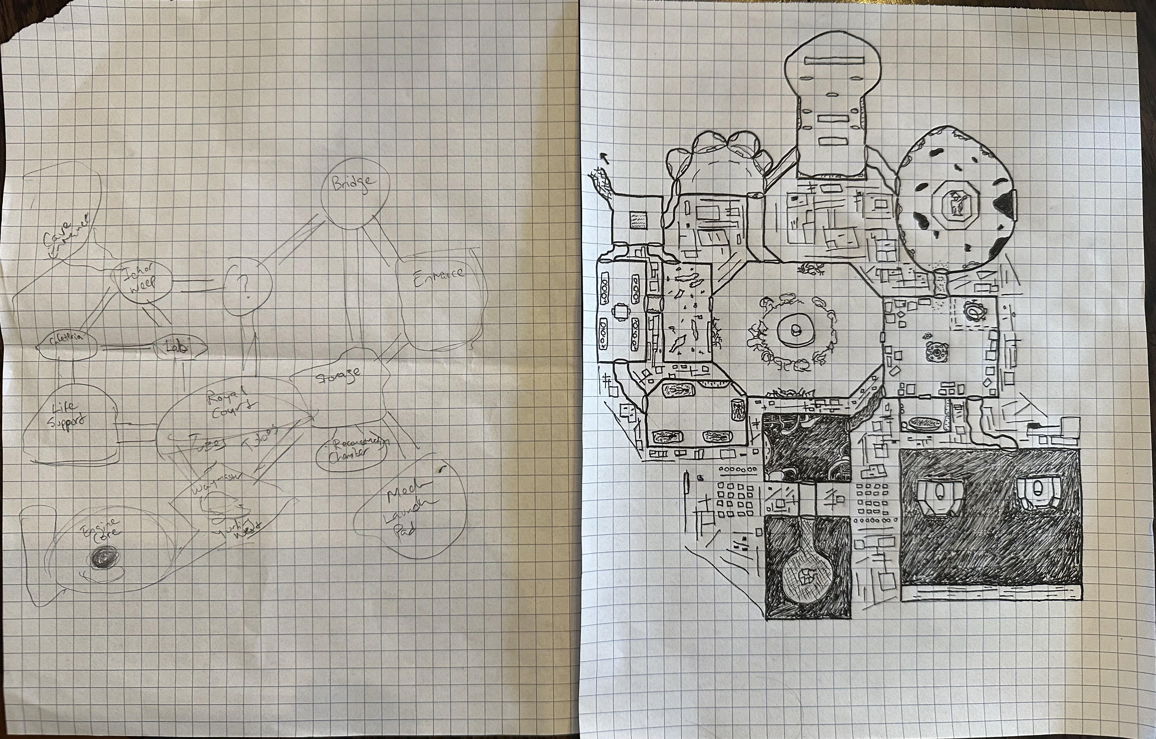 Initial sketch of the dungeon layout side by side with the final composition