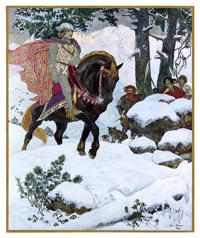 A knight riding a horse in the snow as armed villagers look on from behind a rock